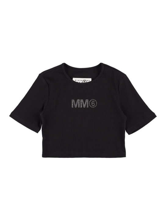 MM6 Maison Margiela: T-shirt court en jersey de coton avec patch - Noir - kids-girls_0 | Luisa Via Roma