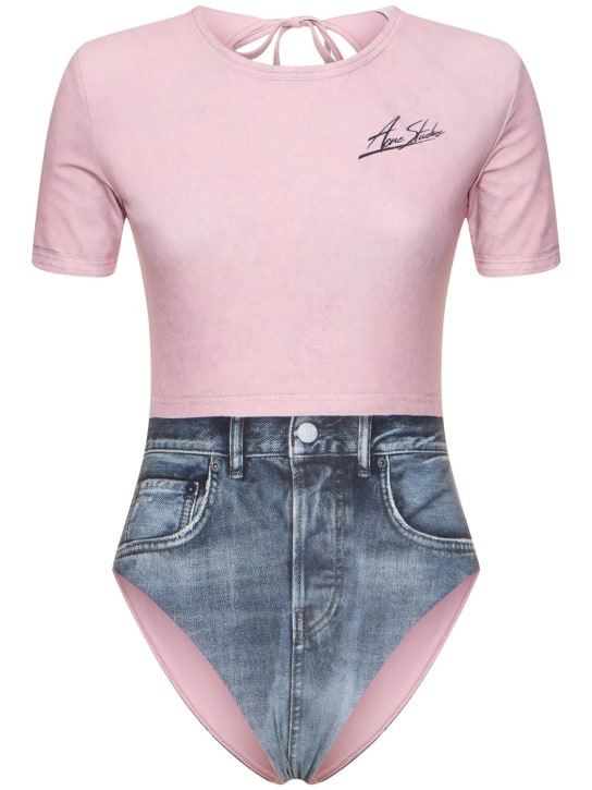 Acne Studios: Printed short sleeve one piece swimsuit - Pink/Blue - women_0 | Luisa Via Roma