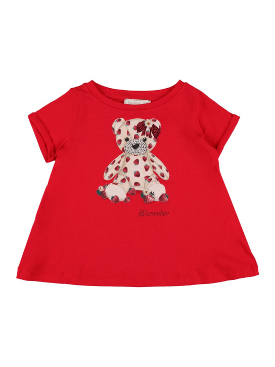 Monnalisa: 印花棉质平纹针织超长T恤 - 红色 - kids-girls_0 | Luisa Via Roma