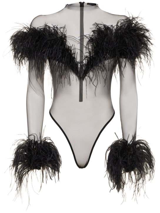 MUGLER: Tulle & feathers long sleeve bodysuit - Black - women_0 | Luisa Via Roma