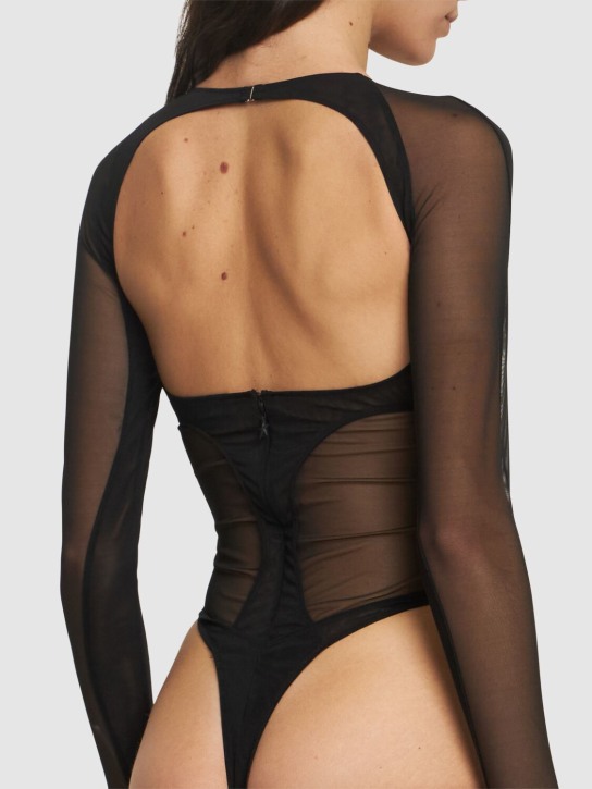 MUGLER: Stretch tulle cross collar bodysuit - women_2 | Luisa Via Roma