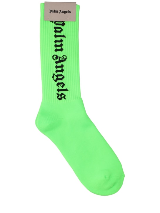 Palm Angels: Logo tech socks - Neon Green - men_0 | Luisa Via Roma