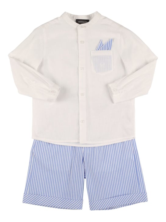 Monnalisa: Cotton blend shirt & shorts - White/Blue - kids-boys_0 | Luisa Via Roma