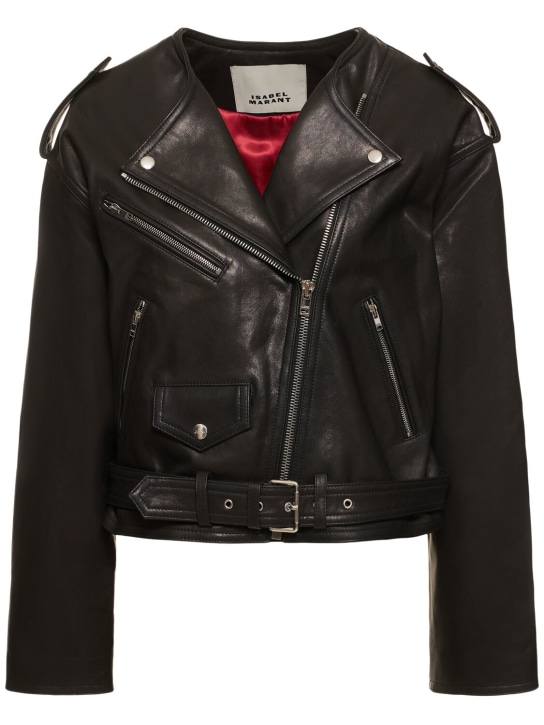 Isabel Marant: Audric leather biker jacket - Siyah - women_0 | Luisa Via Roma