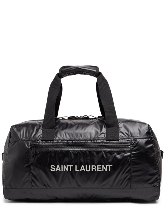 Saint Laurent: Bolso duffle de nylon ripstop con logo - Negro/Plata - men_0 | Luisa Via Roma