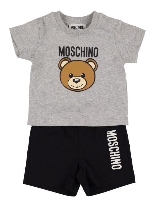 Moschino: コットンジャージーTシャツ＆スウェットショートパンツ - グレー/ブラック - kids-boys_0 | Luisa Via Roma