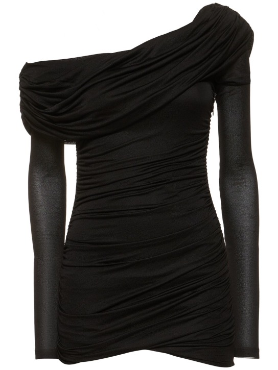 Blumarine: Jersey sablé one-shoulder mini dress - Siyah - women_0 | Luisa Via Roma