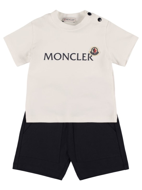 Moncler: コットンブレンドジャージーTシャツ＆ショートパンツ - ホワイト/ブルー - kids-boys_0 | Luisa Via Roma