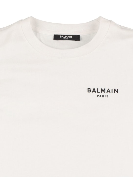 Balmain: T-shirt en jersey de coton imprimé - Blanc/Noir - kids-boys_1 | Luisa Via Roma