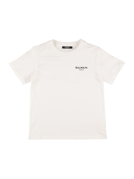 Balmain: Camiseta de jersey de algodón estampada - Blanco/Negro - kids-boys_0 | Luisa Via Roma