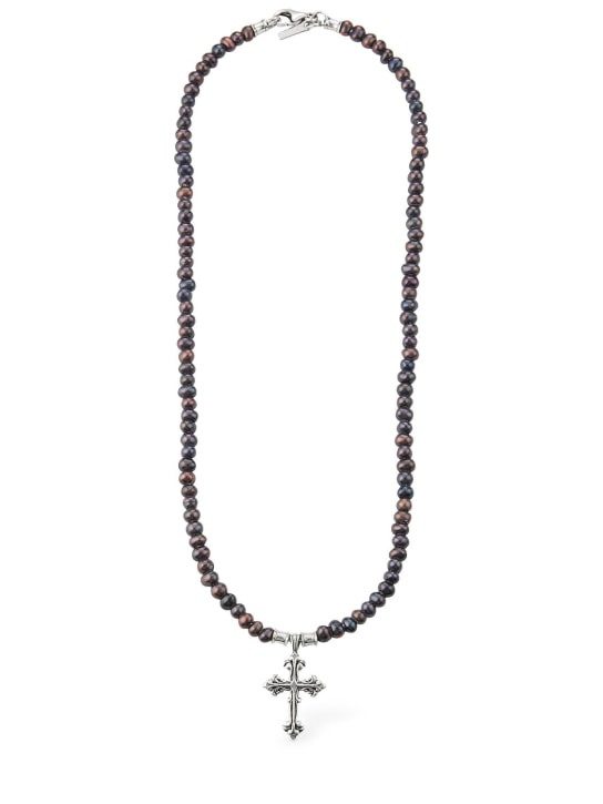 Emanuele Bicocchi: Collier en perles noires avec croix Avelli - Noir/Argent - men_0 | Luisa Via Roma