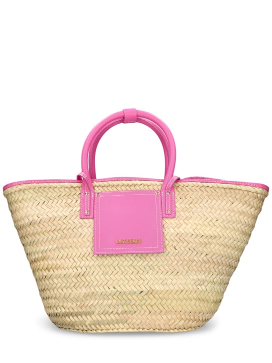 Jacquemus: Le Panier Soli raffia & leather tote bag - Neon Pink - women_0 | Luisa Via Roma
