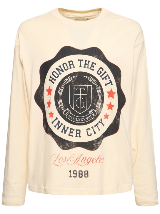Honor the Gift: T-shirt manches longues en coton à logo HTG - Blanc Laiteux - men_0 | Luisa Via Roma