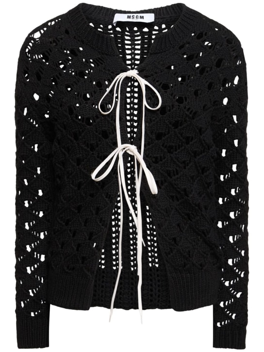 MSGM: Cardigan en coton ajouré à lacets - Noir - women_0 | Luisa Via Roma