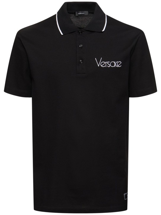 Versace: Logo棉质珠地网眼布POLO衫 - 黑色 - men_0 | Luisa Via Roma