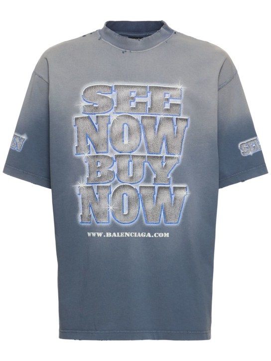 Balenciaga: Bedrucktes T-Shirt aus Baumwolle - Washed Blue - men_0 | Luisa Via Roma
