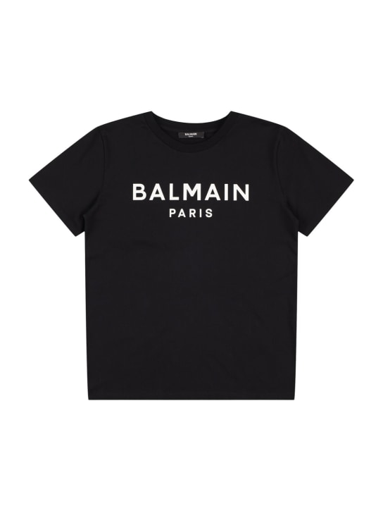 Balmain: Camiseta de jersey de algodón con logo - Negro/Blanco - kids-boys_0 | Luisa Via Roma