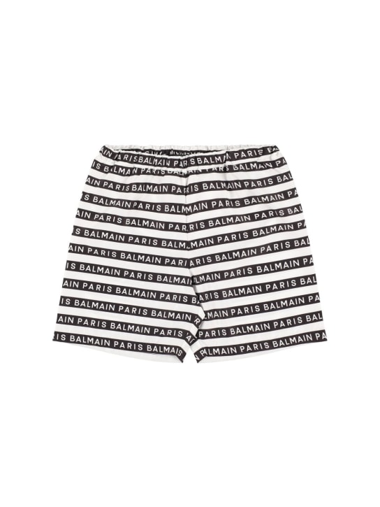 Balmain: Bañador shorts de nylon con logo estampado - Blanco/Negro - kids-boys_0 | Luisa Via Roma