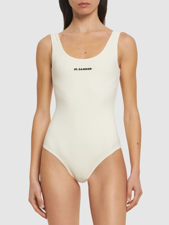 Jil Sander: Printed logo one piece swimsuit - Beige - women_1 | Luisa Via Roma