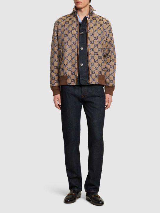 Gucci: Macro GG canvas jacket w/leather - Beige/Blue - men_1 | Luisa Via Roma