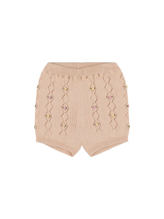 The New Society: Organic cotton knit shorts - Beige - kids-girls_0 | Luisa Via Roma