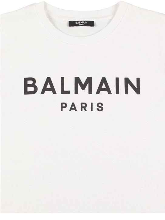 Balmain: Logo棉质平纹针织T恤 - 白色/黑色 - kids-boys_1 | Luisa Via Roma