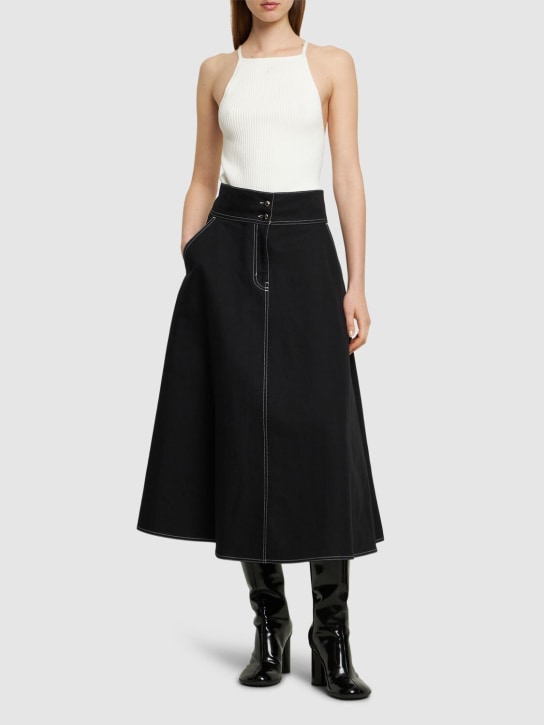 Max Mara: Yamato cotton & linen canvas midi skirt - Black - women_1 | Luisa Via Roma