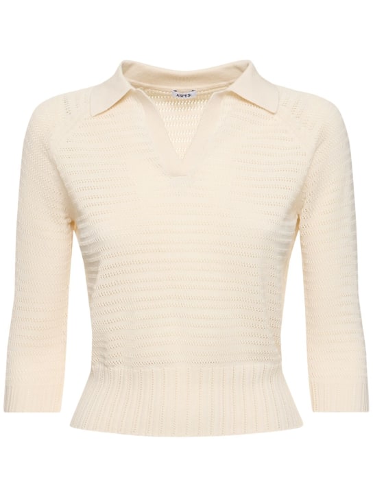 ASPESI: Cotton knit short sleeve polo top - Beyaz - women_0 | Luisa Via Roma