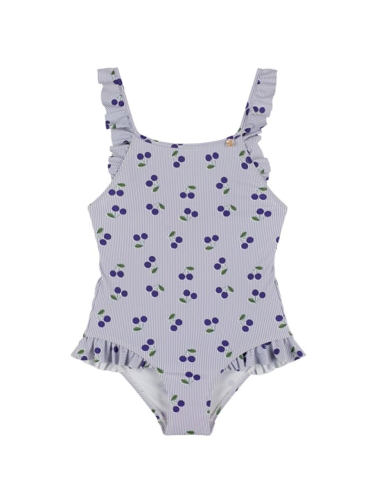 Bonpoint: Cherry print tech one-piece swimsuit - White/Blue - kids-girls_0 | Luisa Via Roma