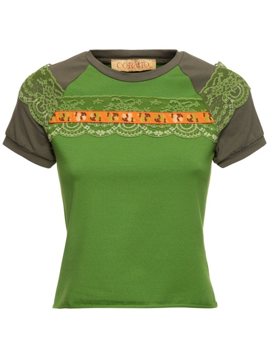 Cormio: Boah蕾丝装饰棉质平纹针织插肩袖T恤 - 绿色 - women_0 | Luisa Via Roma