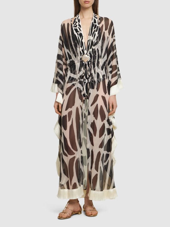 Patbo: Printed fringed kaftan long dress - Siyah/Beyaz - women_1 | Luisa Via Roma