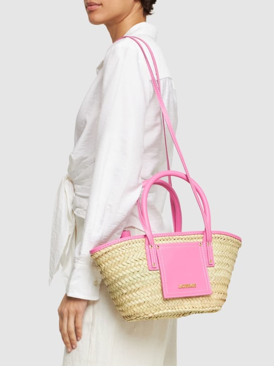 Jacquemus: Le Petit Panier Soli raffia leather bag - Neon Pink - women_1 | Luisa Via Roma