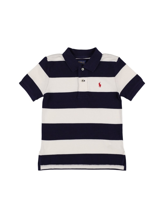 Ralph Lauren: Polo en piqué de coton à logo - Blanc/Bleu - kids-boys_0 | Luisa Via Roma