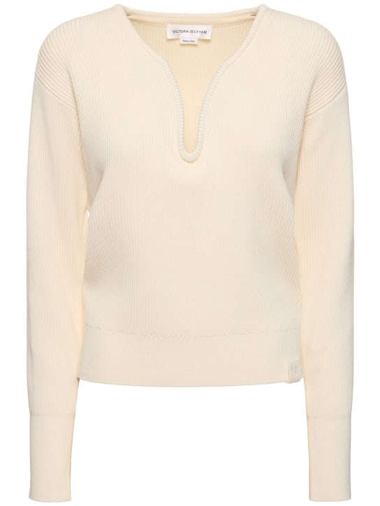 Victoria Beckham: V neck cotton & silk knit sweater - White - women_0 | Luisa Via Roma