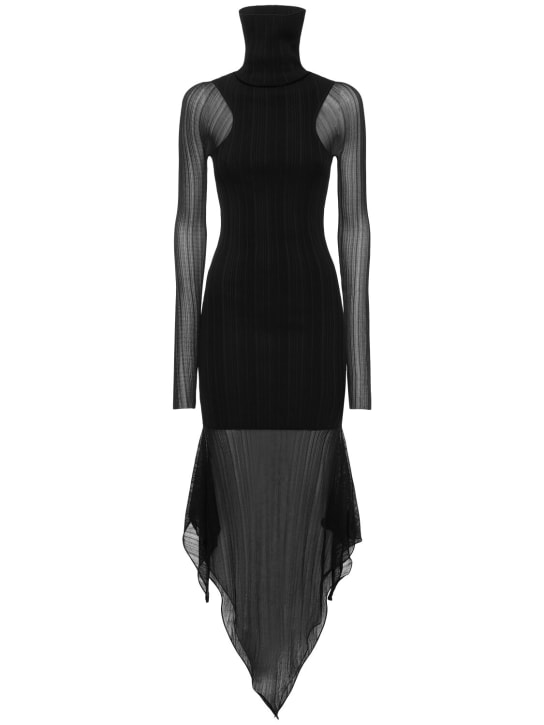 MUGLER: 打褶罗纹针织高领迷笛连衣裙 - 黑色 - women_0 | Luisa Via Roma
