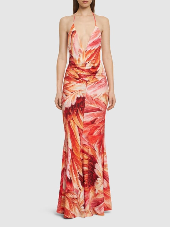 Roberto Cavalli: Printed Lycra V-neck long dress - Orange - women_1 | Luisa Via Roma