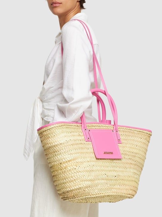 Jacquemus: Le Panier Soli raffia & leather tote bag - Neon Pink - women_1 | Luisa Via Roma