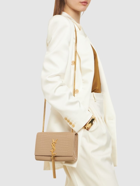 Saint Laurent: Small Kate embossed leather shoulder bag - Dark Beige - women_1 | Luisa Via Roma