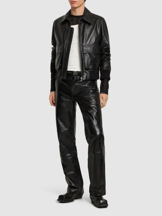 Marine Serre: Laminated leather aviator jacket - Siyah - men_1 | Luisa Via Roma