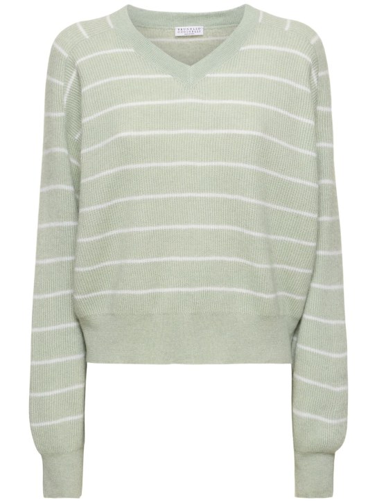 Brunello Cucinelli: Alpaca & cotton V-neck sweater - Yeşil/Beyaz - women_0 | Luisa Via Roma