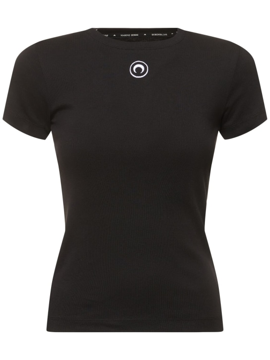 Marine Serre: 棉质罗纹短袖T恤 - 黑色 - women_0 | Luisa Via Roma