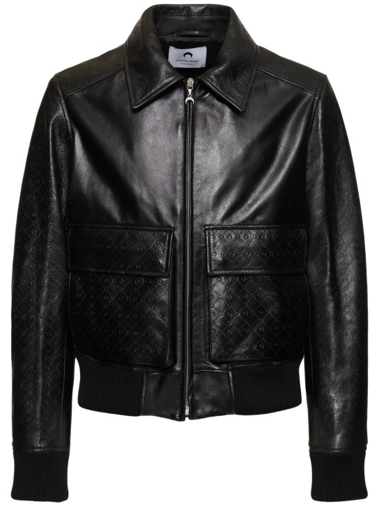 Marine Serre: Laminated leather aviator jacket - Siyah - men_0 | Luisa Via Roma