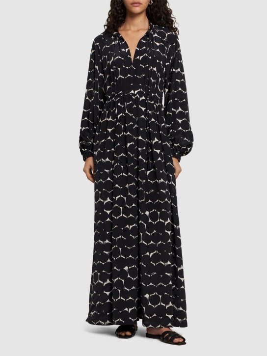 Max Mara: Printed silk crepe de chine long dress - Beyaz/Siyah - women_1 | Luisa Via Roma