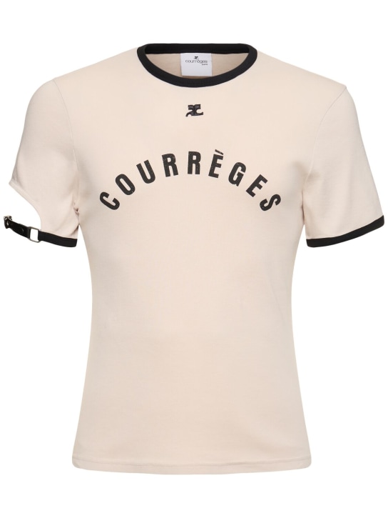 Courreges: Logo print cotton t-shirt w/buckle - Beyaz/Siyah - men_0 | Luisa Via Roma
