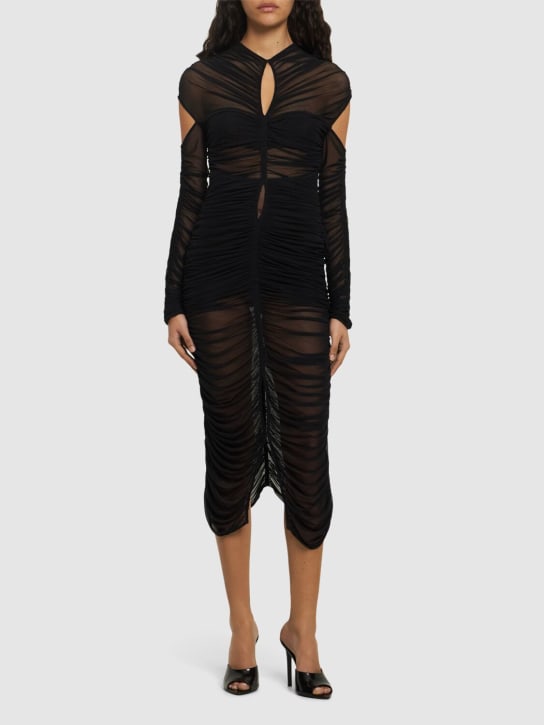 MUGLER: Robe longue en mesh drapé ajouré - Noir - women_1 | Luisa Via Roma