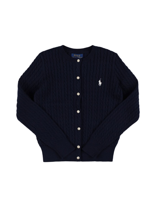 Ralph Lauren: Cardigan in maglia di cotone a trecce con logo - Blu Scuro - kids-girls_0 | Luisa Via Roma