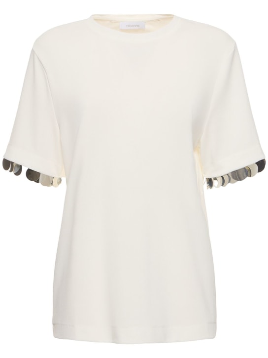 Rabanne: Jersey crepe embellished t-shirt - Beyaz - women_0 | Luisa Via Roma