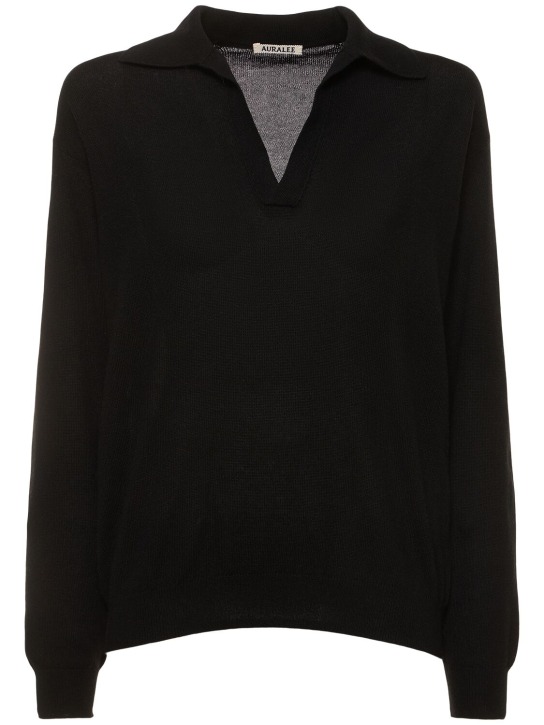 AURALEE: Fine cashmere & silk knit polo sweater - Siyah - women_0 | Luisa Via Roma