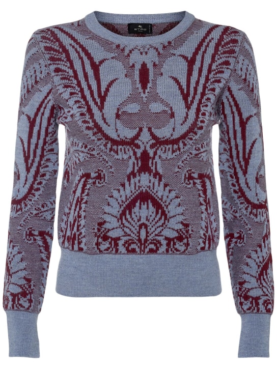 Etro: Embroidered wool knit sweater - Blue/Bordeaux - women_0 | Luisa Via Roma