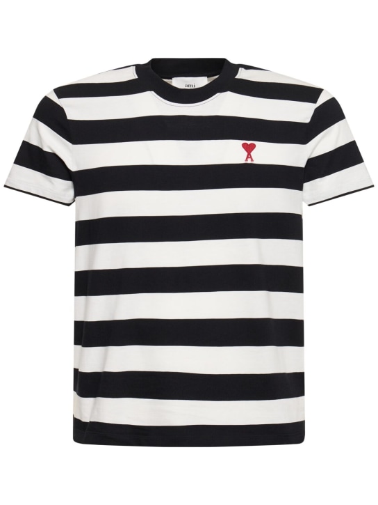 AMI Paris: Striped organic cotton jersey t-shirt - Beyaz/Siyah - men_0 | Luisa Via Roma